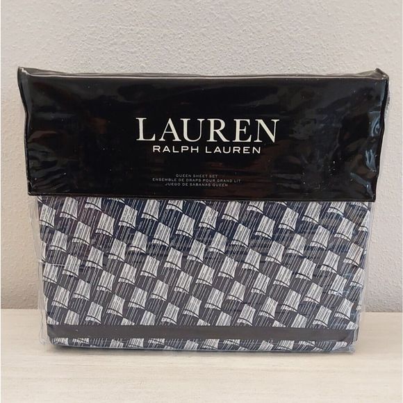 Ralph Lauren CASEY GEO PRINT Navy Cream 100% Cotton Queen Sheet Set Bedding - Picture 1 of 10